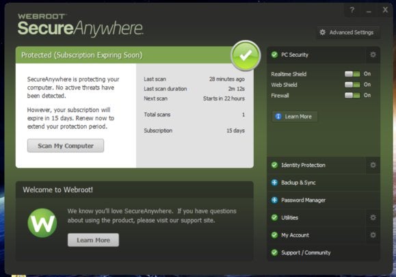 webroot main screen