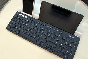 Logitech K780 Keyboard Angled View with two devices
